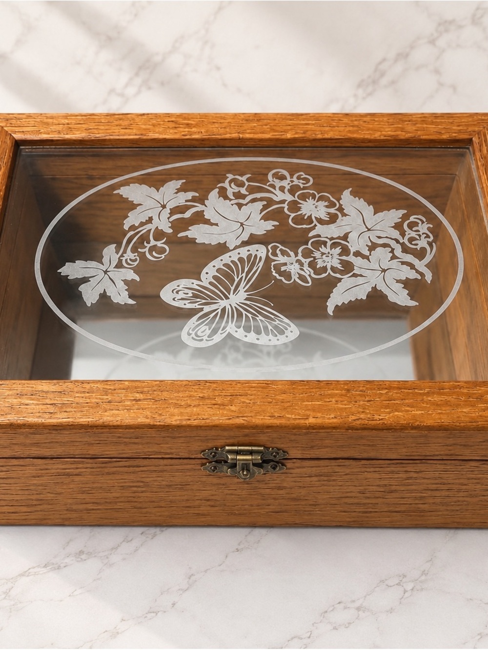 Wood Glass Top Jewelry Box with Etched Butterfly Design - Brown